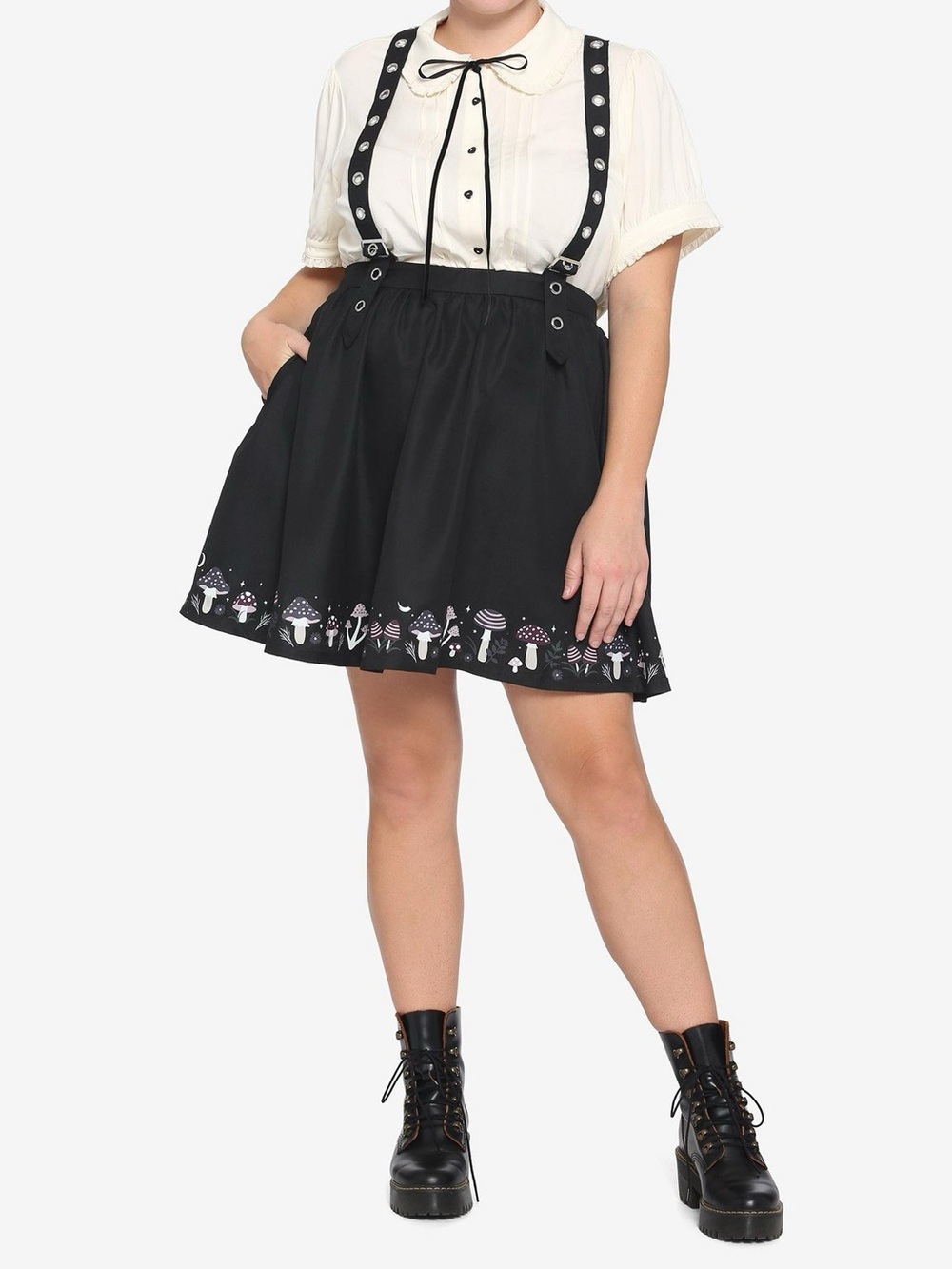 Hot Topic Black Suspender Skirt Dress with Mushroom Print Hem